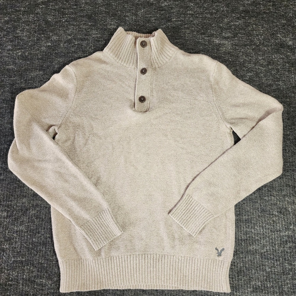 American Eagle Mens Athletic Fit Mockn Neck Button Quarter Zip Sweater Beige